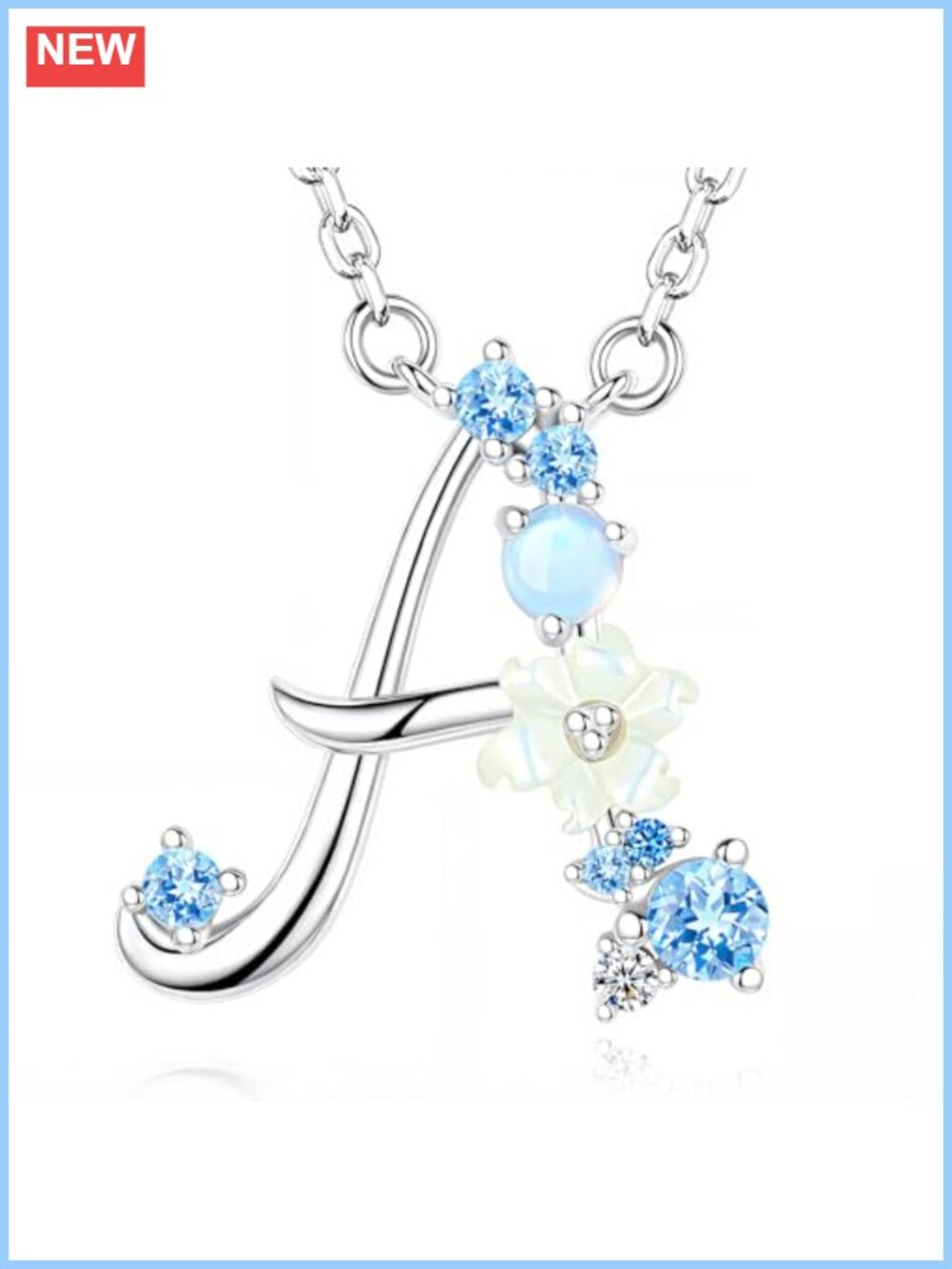 Sterling Silver Initial Necklace with Blue Cubic Zirconia Flower Pendant for